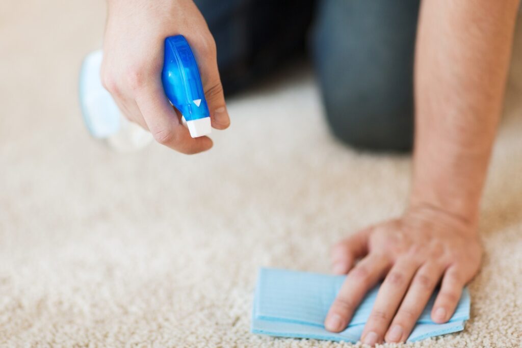 Homeowner using anti-static spray on carpets