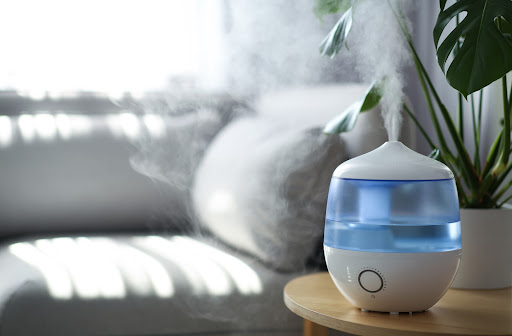 Humidifier in living room of house to add moisture to atmosphere.