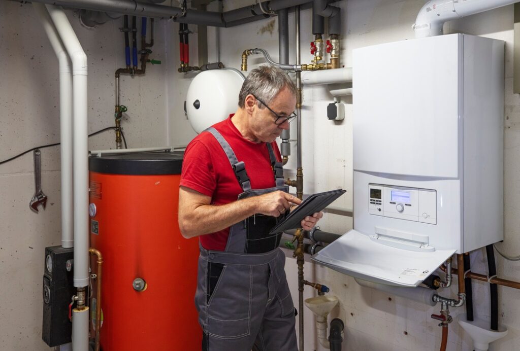 Whole home tankless hot water heater in basement of home being checked by technician