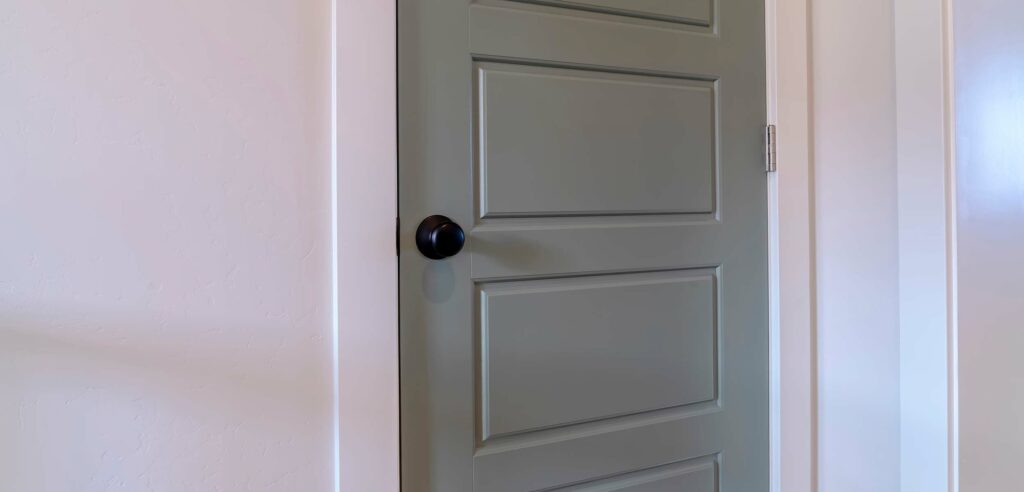 A closed door inside a home.