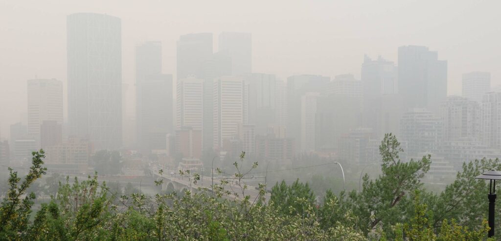 View of downtown Calgary during wildfire season.