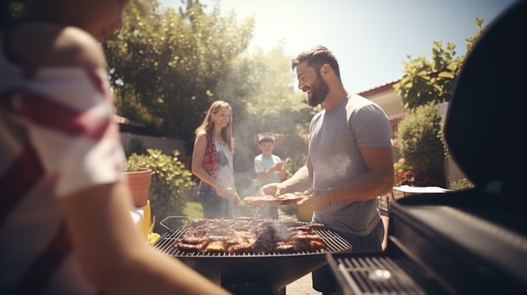 Family grilling food outside instead of cooking to help keep home cool during hot Alberta summer