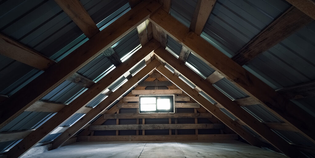 Inside of an attic with pitched roof.