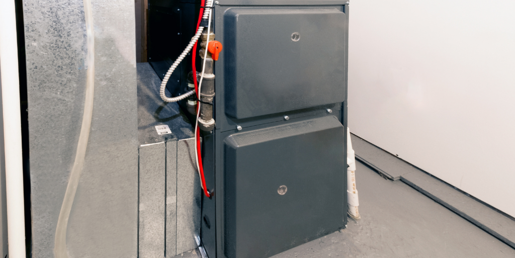 A high-efficiency furnace in basement of home.