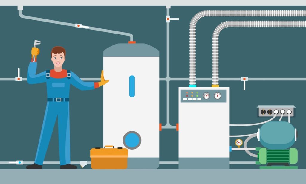 Cartoon of furnace technician standing next to furnace