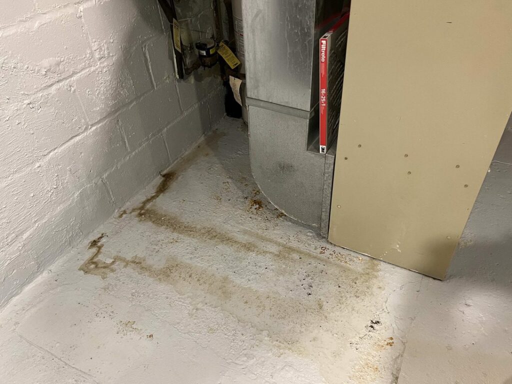Water damage on floor near furnace from leak