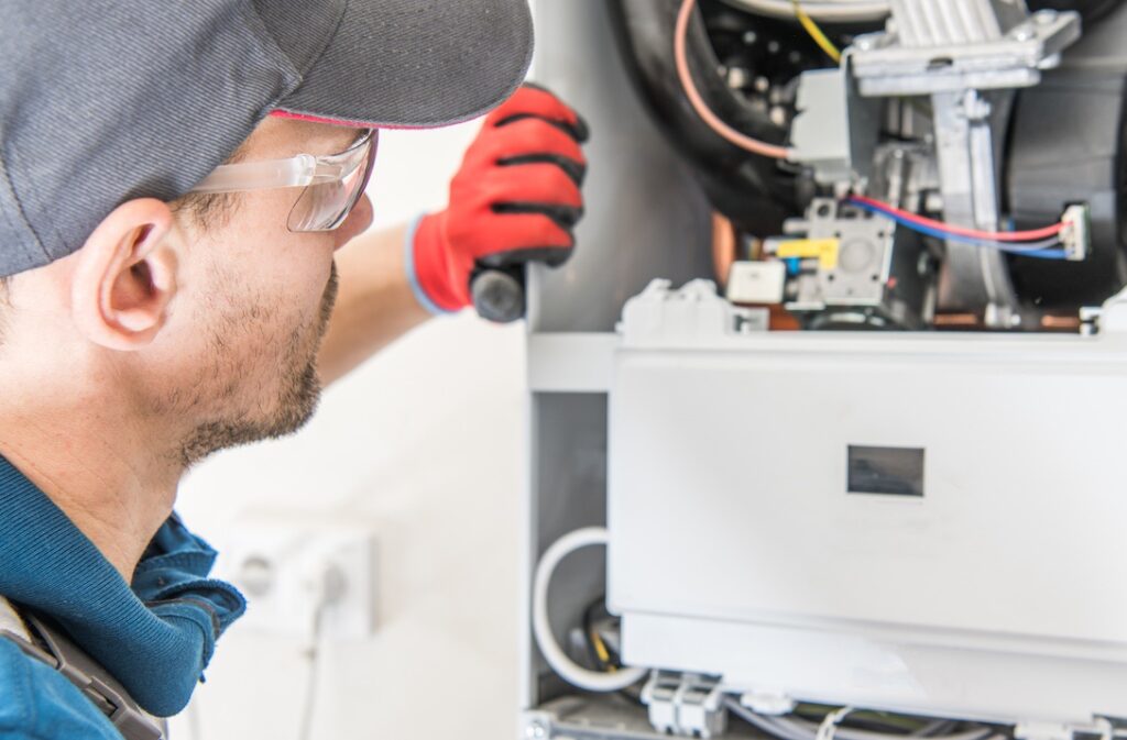 Central Natural Gas Heater Repairing by Professional Caucasian Heating Technician.