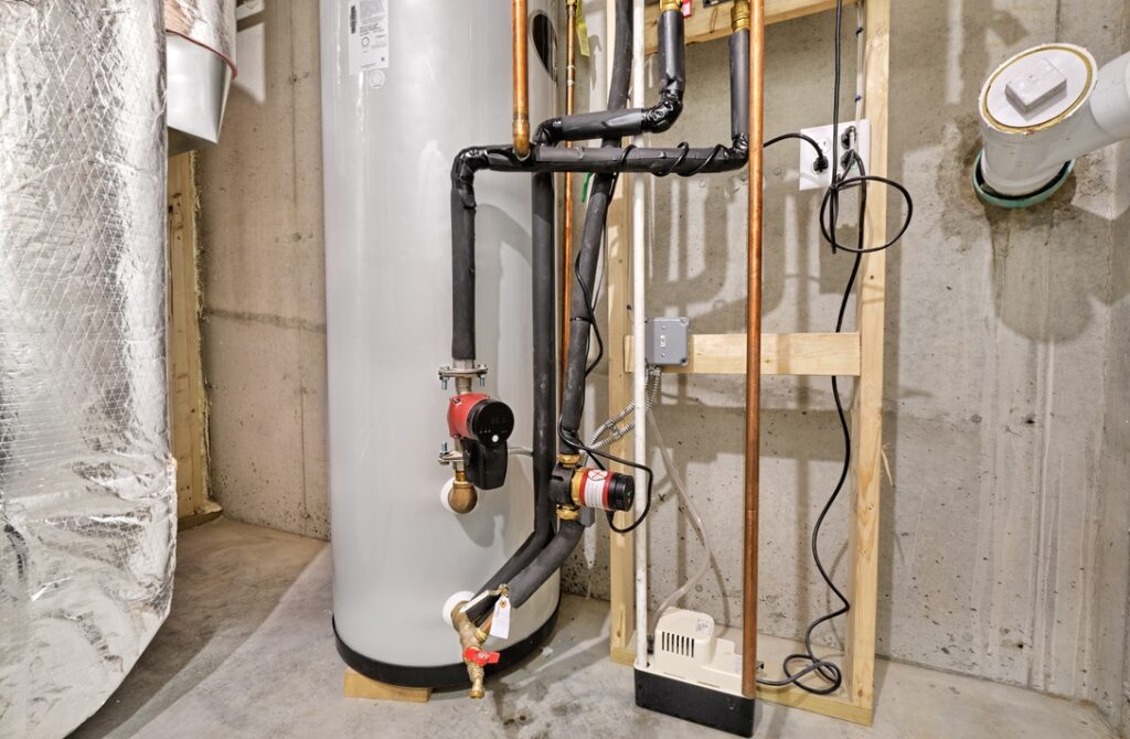 Hot water tank heater in basement of home