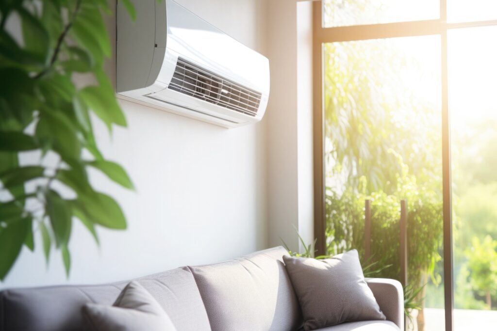 Ductless mini-split system air conditioner on wall of Alberta home