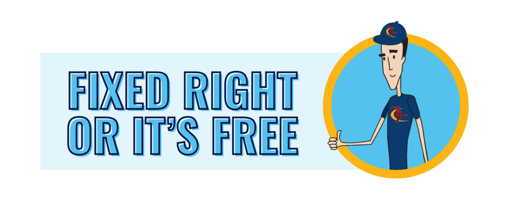 "Fixed right or it's free" graphic with mascot giving thumbs-up