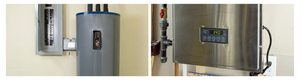A standard water heater, and tankless water heater side-by-side