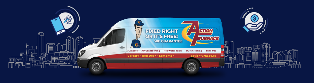 An image of an Action Furnace van with the mascot and the tagline “Fixed Right or It’s Free We Guarantee” in the center. The background includes a sketch of the Edmonton and Calgary skylines. Icons of a smartphone and a service call are in the top left, and a hand holding a dollar sign is in the top right. Trust Action Furnace, Alberta’s choice for water heater services since 1975. Call our friendly team today!