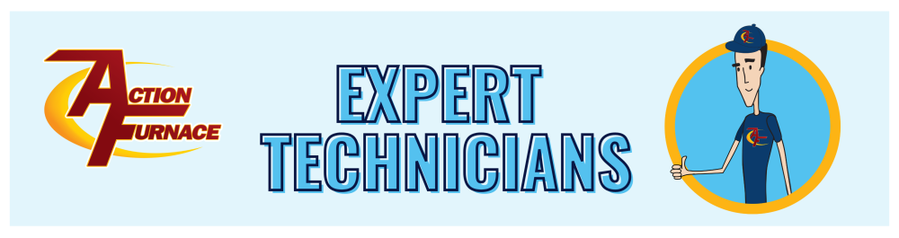 Action Furnace logo. Center headline reading “Expert Technicians”, AF mascot to the right of the header with a thumbs up. Blue background in AF colors.