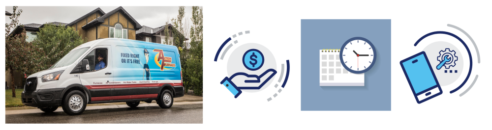 Action Furnace company vehicle, vector illustration graphics: an open hand with a dollar sign, a calendar with a clock, and a smartphone with a maintenance symbol.