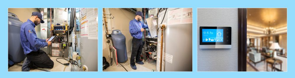 We’ll also conduct a full inspection of your ducts, mechanical room, and thermostats to optimize your home comfort system." Image shows Action Furnace technicians working on ducts in the mechanical room, alongside a smart thermostat.