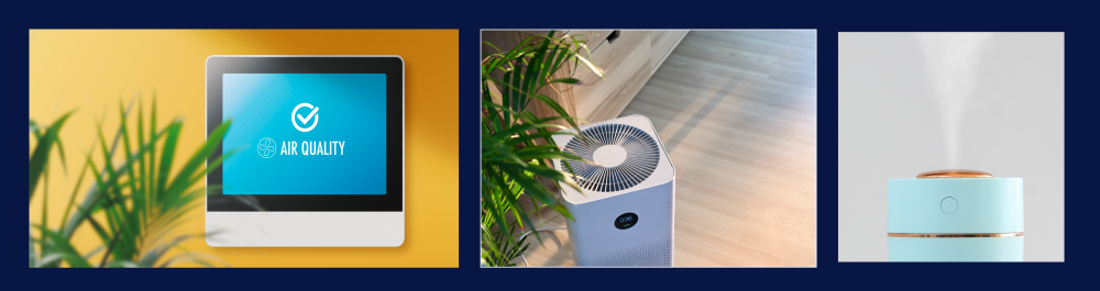 A row of three images: Image 1 shows an air quality screen, Image 2 is an air purifier, and Image 3 is a humidifier. Smart Thermostats & Controls: Upgrading to a smart thermostat improves convenience and lowers monthly heating costs, though installation adds to upfront investment. Air Quality Additions: Enhancing comfort and health with components like air purifiers, filters, or humidifiers increases costs.