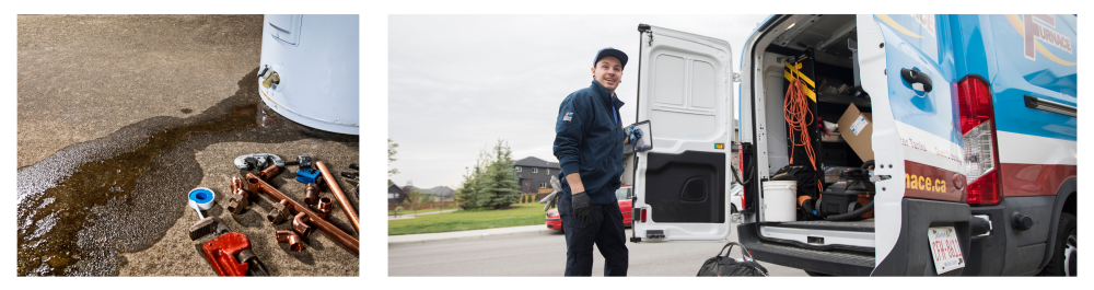 Close-up of water leaking from a plastic faucet on a residential electric water heater, with tools for repair nearby.

Action Furnace technician standing beside an open work van, arriving on-site to service a water heater.