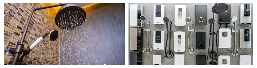 An image of a rain shower head installed in a stylish bathroom, showcasing its elegant design and functionality. Another image features a selection of tankless water heaters displayed in a shop window, highlighting various modern electric instantaneous models along with taps and showers.