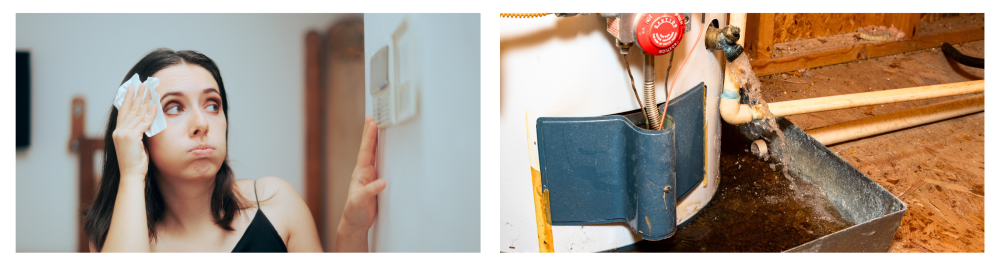 Woman feeling hot and uncomfortable, holding a tissue to her forehead next to a broken thermostat.

Water gushing from a water heater drain, showing leaks and rusty water as common signs of a water heater issue.