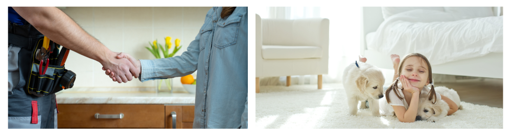 An image shows a homeowner and a technician shaking hands, symbolizing a successful service interaction. Another image features a young girl at home, looking relaxed with two puppies in a room filled with fresh, invigorating air.