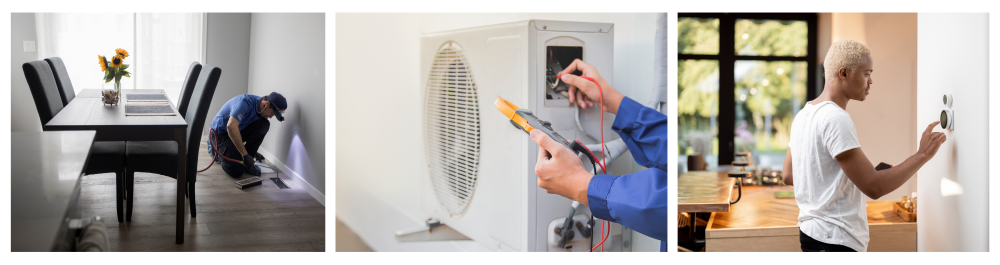 
Action Furnace technician performing duct service and inspection to enhance your air conditioning system's cooling efficiency.

HVAC technician checking refrigerant levels with gauges during an air conditioning service.


A homeowner adjusts the temperature on a smart thermostat in a modern kitchen, highlighting the importance of upgrading the control hub during AC installation to ensure proper system operation.