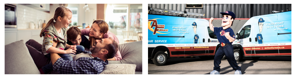 Happy family enjoying time together on the couch at home.

Action Furnace mascot in uniform, smiling and raising a fist, standing in front of work vehicles, highlighting the Total Comfort Club maintenance membership program.