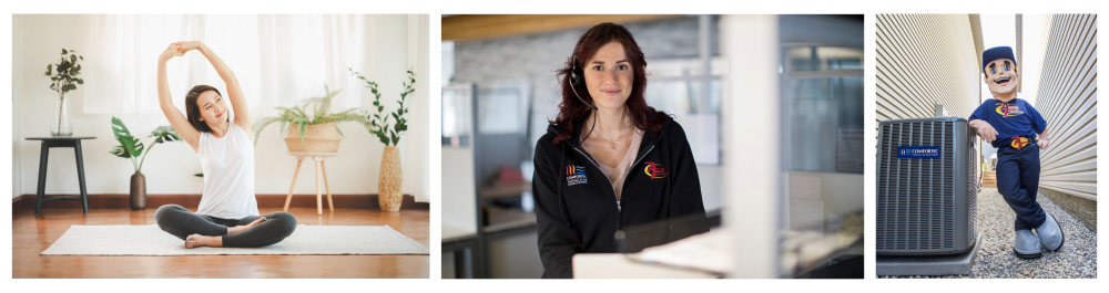 A smiling woman practices yoga on a mat in a bright living room, with plants behind her, creating a minimal and fresh atmosphere that reflects home comfort.

A friendly Action Furnace customer service representative, wearing a branded hoodie and headset in the office, emphasizes the importance of selecting the right-sized home cooling system and ensuring top-quality installation—trust the expertise of Action Furnace's Home Comfort Advisors.

The Action Furnace mascot stands smiling next to an outdoor air conditioner compressor unit, symbolizing the importance of regular maintenance and trusting the professionals at Action Furnace to keep your system running at its best.