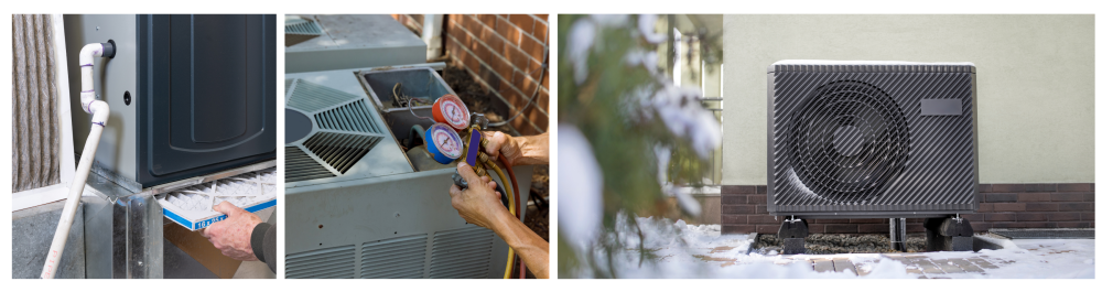 Homeowner replacing a dirty furnace filter, emphasizing the importance of regular maintenance for optimal heat pump performance.  

Air conditioning technician preparing and servicing an air conditioning unit, illustrating the need for routine maintenance to keep systems running efficiently.  

Modern air source heat pump installed against the exterior wall of a residential building during winter, showcasing its year-round functionality and energy efficiency.