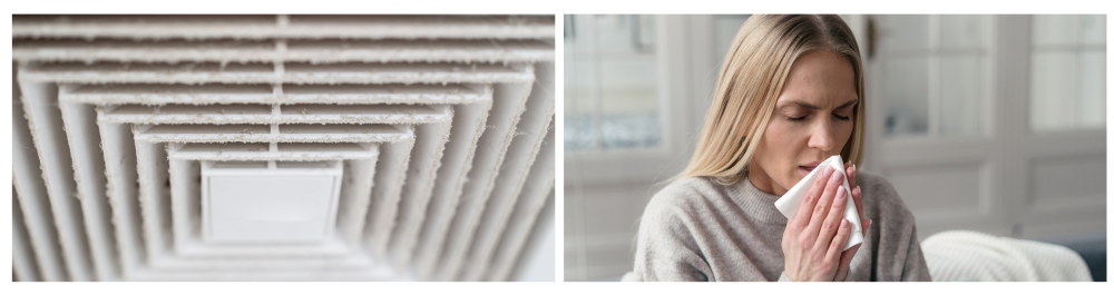 Dust coming out of an air duct, indicating a potential danger leading to respiratory problems. 

Blonde woman sitting at home holding a tissue, feeling unwell due to respiratory issues.