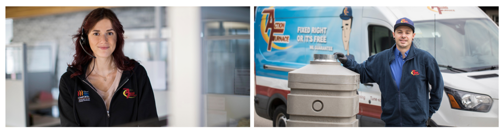 An Action Furnace sales representative wearing a headset and branded hoodie, smiling and ready to connect a customer with a technician. 

An Action Furnace technician standing in front of a branded truck, arriving on-site to service ducts and ensure they remain clean and fresh with regular maintenance.