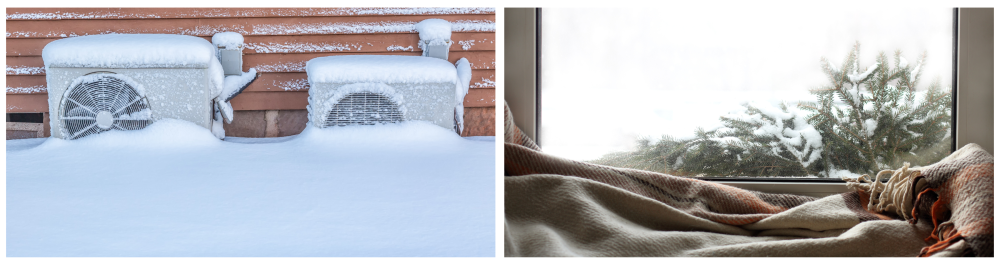 Two residential heat pumps covered in snow outside, with a metal roof gutter system and drainage components in place to ensure efficient water flow. 

A blanket draped over the windowsill beneath the window, with fir branches scattered in the snow.