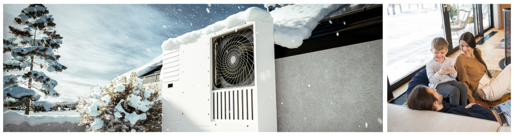 A heat pump installed on the roof of a single-family home, providing an eco-friendly heating solution during winter. 

A family of three spending time together on the couch, feeling warm while the window behind them showcases a snow-covered landscape.