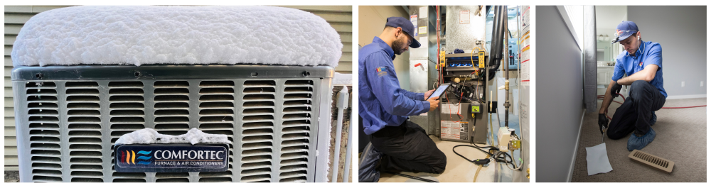 A collage highlighting HVAC maintenance by Action Furnace technicians. The first image shows a snow-covered outdoor heat pump, reflecting Alberta's cold weather. The second image features an Action Furnace technician inspecting a furnace with advanced tools. The third image shows a technician cleaning a floor vent to ensure optimal airflow and indoor air quality.