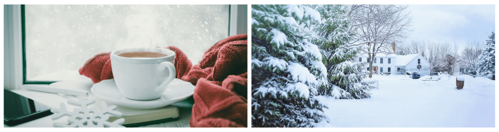 A cup of hot chocolate placed by a frosted window, with a winter landscape visible outside. A snowy residential neighbourhood in Alberta during winter.