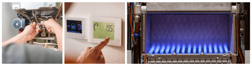 A technician uses a tool to repair an effected furnace component. A view of a woman pressing a button on a wall-mounted smart thermostat with a digital display. A close-up of the furnace pilot light and internal components. This three panel image showcases common causes of furnace issues.