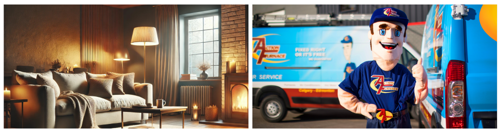 A photo of a cozy living room with warm lighting and relaxing atmosphere. An Action Furnace mascot giving a thumbs-up while standing in front of branded company vehicles. Action Furnace is your trusted team for reliable furnace repair and maintenance.