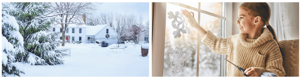 A snowy day in a peaceful residential neighborhood. Inside, a little girl sits by the window, smiling as she decorates with paper snowflakes, enjoying the cozy warmth and comfort of her home while watching the winter scene outside.