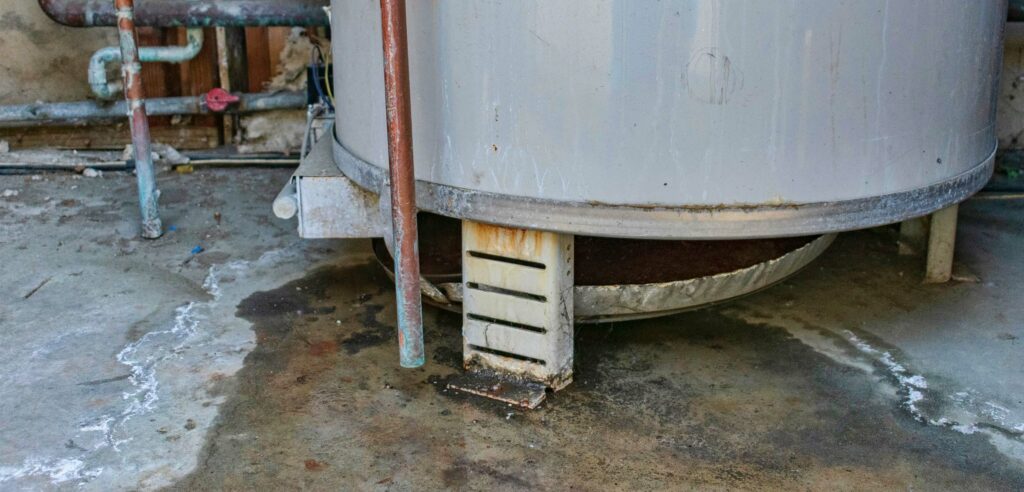 Water pooling on floor around broken water heater.