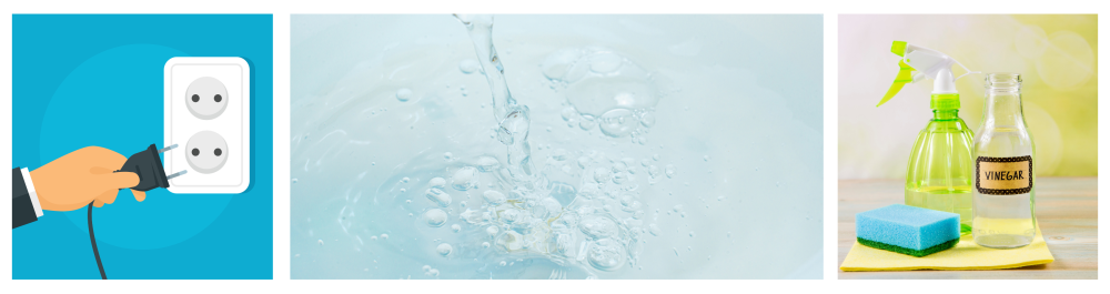 1. Disconnected plug. Connection or disconnection of electricity with wire plug and socket.2. Jet of water pouring into a container of water, filling the tank for a humidifier.3. Chemical-free home cleaner products concept. Using natural distilled white vinegar in a spray bottle to remove stains. Tools on a wooden table.