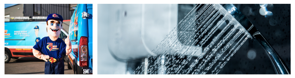 Action Furnace's friendly mascot gives a thumbs-up beside professional work vehicles, showcasing the company's expertise in water heater installationModern, energy-efficient electric water heater with temperature control and professionally installed rain shower head, ideal for eco-conscious home upgrades.