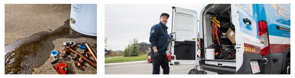 Close-up of water leaking from a plastic faucet on a residential electric water heater, with tools for repair nearby.Action Furnace technician standing beside an open work van, arriving on-site to service a water heater.