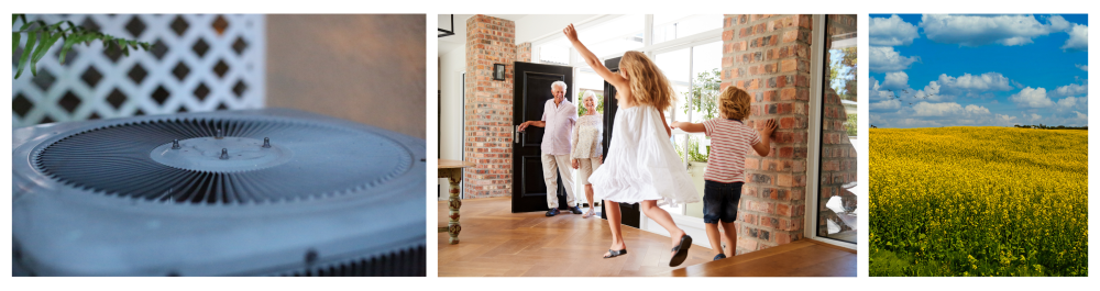 Outdoor air conditioning unit positioned in the shade for optimal efficiency. Highlighting the common ac installation mistake of incorrect placement.Siblings eagerly greet their visiting grandparents, enjoying the well-ventilated and bright atmosphere of their home.Scenic landscape of a canola field under a clear blue sky in rural Alberta, west of Edmonton.