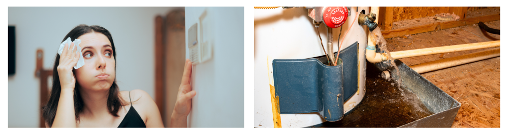 Woman feeling hot and uncomfortable, holding a tissue to her forehead next to a broken thermostat.Water gushing from a water heater drain, showing leaks and rusty water as common signs of a water heater issue.