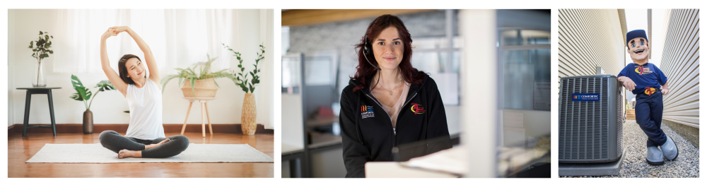 A smiling woman practices yoga on a mat in a bright living room, with plants behind her, creating a minimal and fresh atmosphere that reflects home comfort.A friendly Action Furnace customer service representative, wearing a branded hoodie and headset in the office, emphasizes the importance of selecting the right-sized home cooling system and ensuring top-quality installation—trust the expertise of Action Furnace's Home Comfort Advisors. When you trust our team you'll help avoid common ac installation mistakes.The Action Furnace mascot stands smiling next to an outdoor air conditioner compressor unit, symbolizing the importance of regular maintenance and trusting the professionals at Action Furnace to keep your system running at its best.