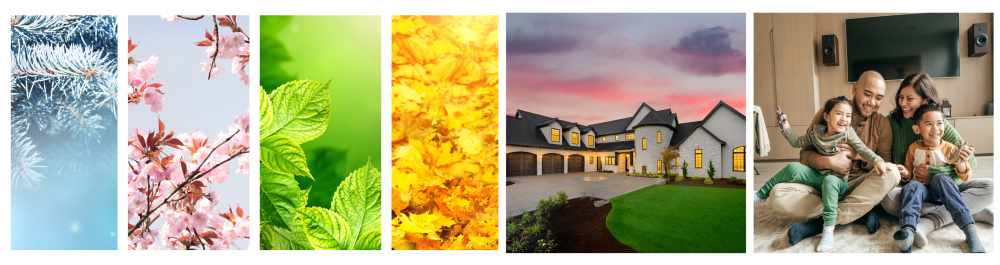 Vertical banners representing the four seasons—winter, spring, summer, and autumn—illustrating how a heat pump provides year-round heating and cooling for home comfort.  Beautiful home exterior with a manicured lawn and trees in the background, showcasing an ideal environment for a heat pump installation.Happy family inside their home during winter holidays, illustrating the warmth provided by a heat pump in heating mode, as it transfers warmth from outside to keep the home cozy.