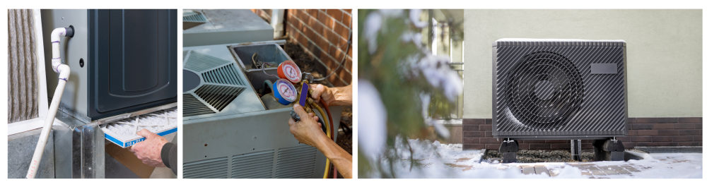 Homeowner replacing a dirty furnace filter, emphasizing the importance of regular maintenance for optimal heat pump performance.  Air conditioning technician preparing and servicing an air conditioning unit, illustrating the need for routine maintenance to keep systems running efficiently.  Modern air source heat pump installed against the exterior wall of a residential building during winter, showcasing its year-round functionality and energy efficiency.
