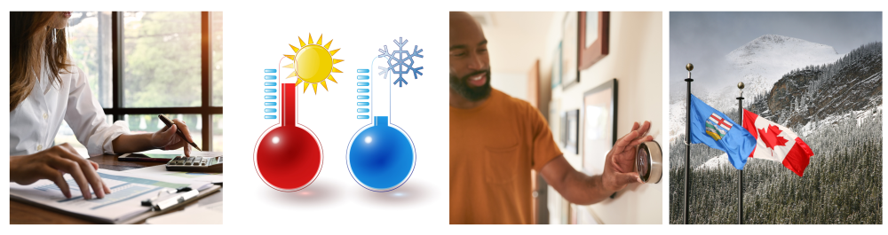 Woman sitting at a desk calculating bills at home, highlighting the energy efficiency and cost savings of heat pumps compared to traditional heating systems.  Red and blue thermometers side by side, featuring a hot sun and cold snowflake, symbolizing the versatility of heat pumps for both heating and cooling in a single system.  Touchscreen display of an intelligent home automation system used for remotely controlling house temperature, showcasing wireless energy-saving technology.  Canada and Alberta flags waving in the snowy Rocky Mountains, representing Action Furnace's expertise in installing cold climate, air source, and ducted heat pumps.