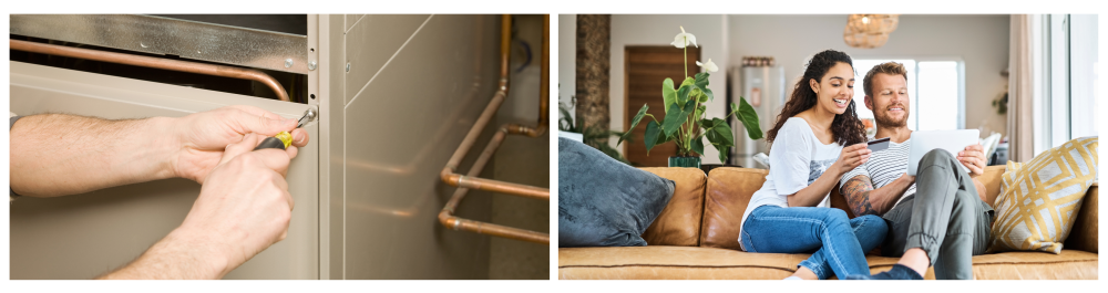 Repair technician removing a furnace service panel, representing maintenance or repair work covered under a warranty.Smiling couple at home sitting together on the couch, holding an iPad, symbolizing the ease of filing a warranty claim with the assistance of Action Furnace's friendly Home Comfort Advisors.