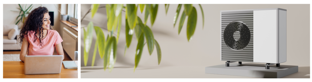 Young woman working from her home office, symbolizing a comfortable and energy-efficient living space with proper heating and cooling solutions.Air source heat pump against a beige background, representing modern, environmentally friendly heating and renewable energy efficiency.