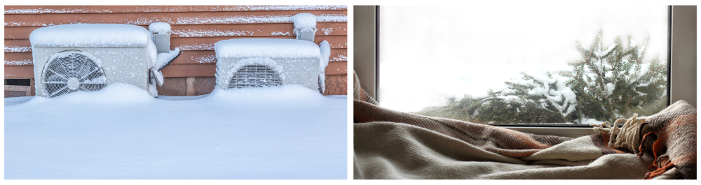Two residential heat pumps covered in snow outside, with a metal roof gutter system and drainage components in place to ensure efficient water flow. A blanket draped over the windowsill beneath the window, with fir branches scattered in the snow.